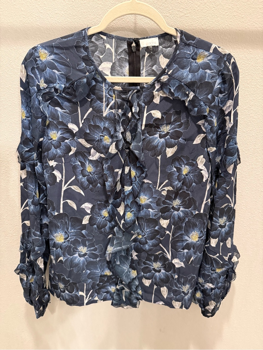 Ecru Navy Blue Floral Ruffle Tie-Neck Blouse